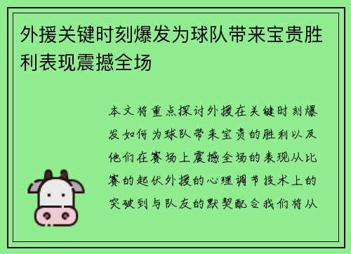 外援关键时刻爆发为球队带来宝贵胜利表现震撼全场