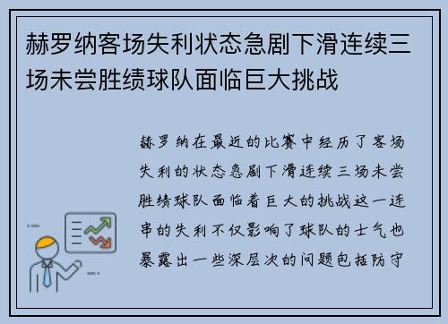 赫罗纳客场失利状态急剧下滑连续三场未尝胜绩球队面临巨大挑战