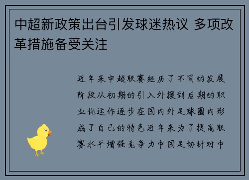中超新政策出台引发球迷热议 多项改革措施备受关注