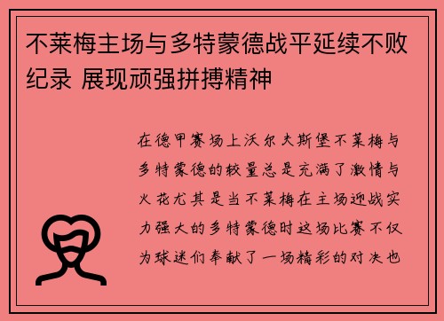 不莱梅主场与多特蒙德战平延续不败纪录 展现顽强拼搏精神