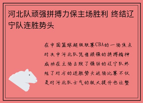 河北队顽强拼搏力保主场胜利 终结辽宁队连胜势头
