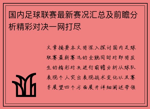 国内足球联赛最新赛况汇总及前瞻分析精彩对决一网打尽