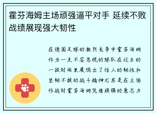 霍芬海姆主场顽强逼平对手 延续不败战绩展现强大韧性